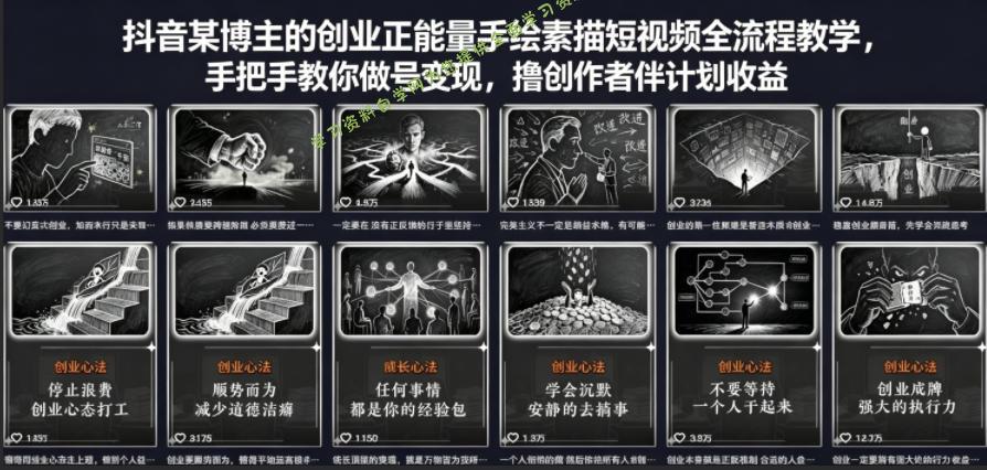 抖音某博主的创业正能量手绘素描短视频全流程教学，手把手教你做号变现，撸创作者伙伴计划收益-为您提供全面学习资料信息资源学习资料自学网