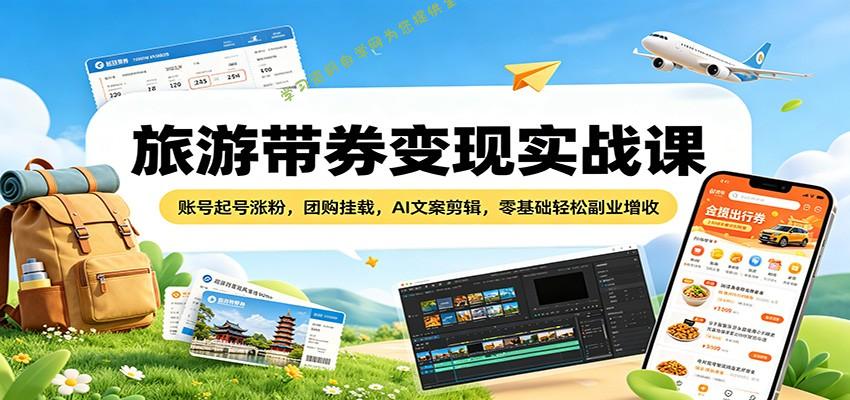 旅游带券变现实战课：账号起号涨粉，团购挂载，AI文案剪辑，零基础轻松副业增收-为您提供全面学习资料信息资源学习资料自学网
