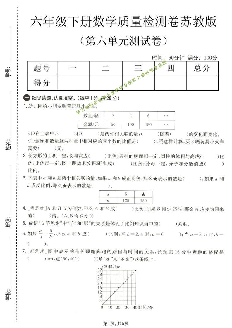 六年级下数学第六单元质量检测卷1《苏教版》-为您提供全面学习资料信息资源学习资料自学网