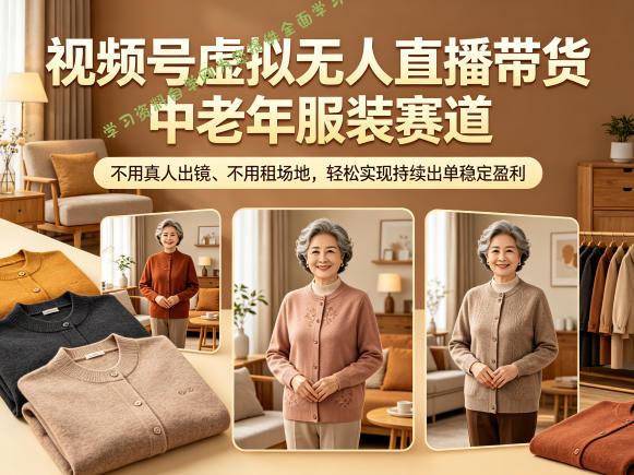 视频号虚拟无人直播带货中老年服装赛道,不用真人出镜、不用租场地,轻松实现持续出单稳定盈利