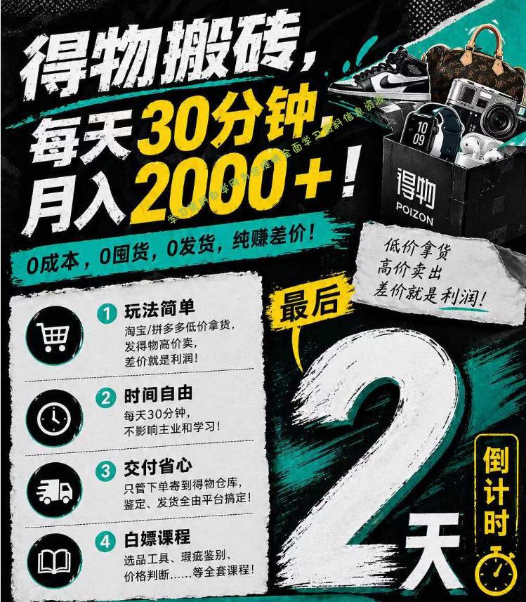 得物搬砖，0成本起步每天30分钟，月入2000+，0成本，0囤货，0发货，纯賺差价-为您提供全面学习资料信息资源学习资料自学网