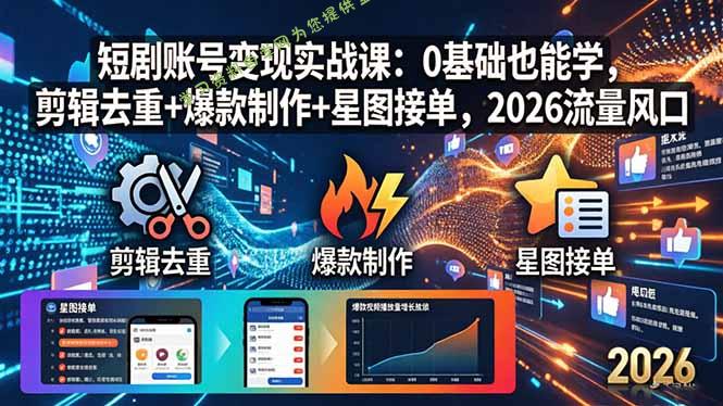 短剧账号变现实战课：0基础也能学，剪辑去重+爆款制作+星图接单，2026流量风口-免费学习资料下载_自媒体课程资源