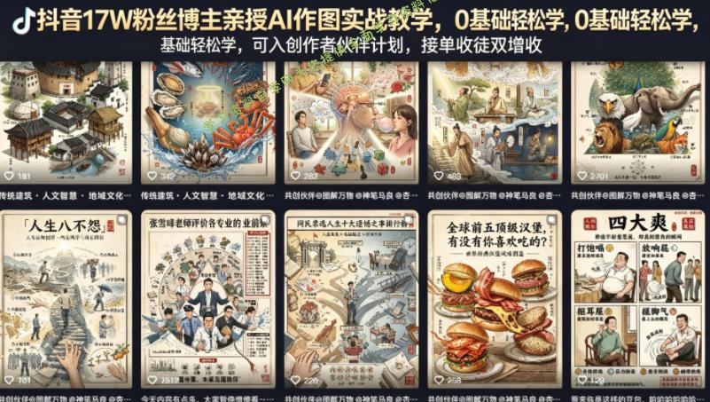 抖音17W粉丝博主亲授AI作图实战教学，0基础轻松学，可入创作者伙伴计划，接单收徒双增收 --免费学习资料下载_自媒体课程资源
