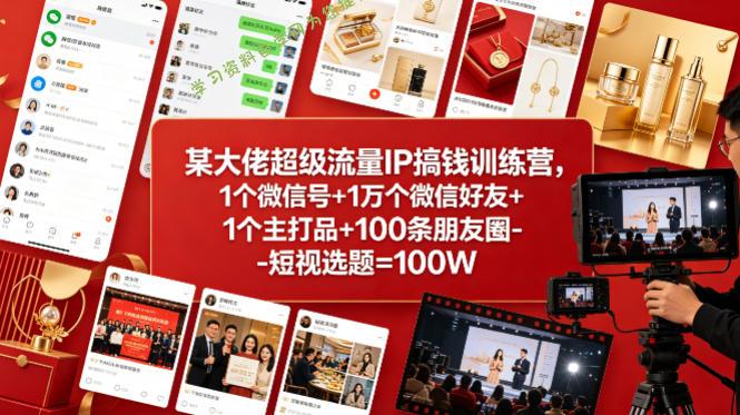 某大佬超级流量IP搞钱训练营,1个微信号+1万个微信好友+1个主打品+100条朋友圈-短视选题=100W