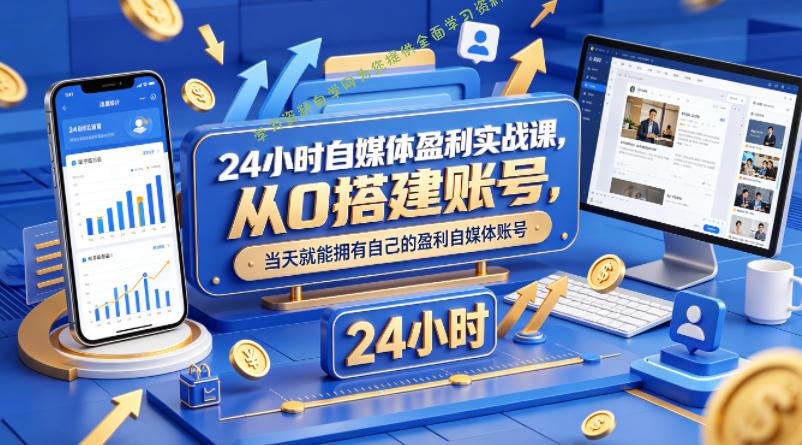 24小时自媒体盈利实战课，从0搭建账号，当天就能拥有自己的盈利自媒体账号 - - 