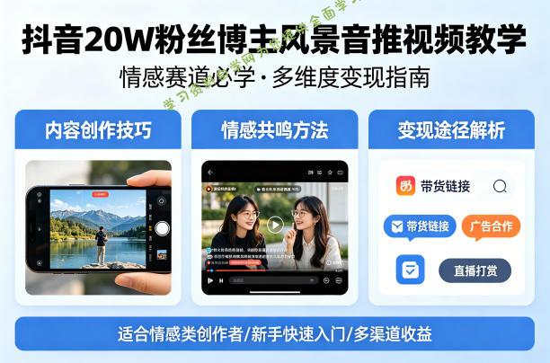 抖音20W粉丝博主风景音推视频教学，情感赛道必学，各种变现途径 - 