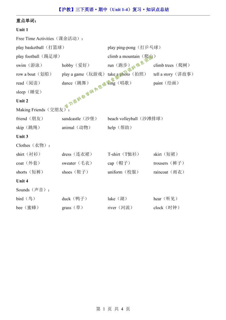 三年级下英语期中复习知识点《沪教版》-为您提供全面学习资料信息资源学习资料自学网