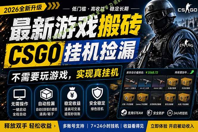 最新游戏搬砖，CSGO纯挂机，不需要玩游戏，实现真挂机，月入1W+，五一小高峰上车可吃肉，...-免费学习资料下载_自媒体课程资源