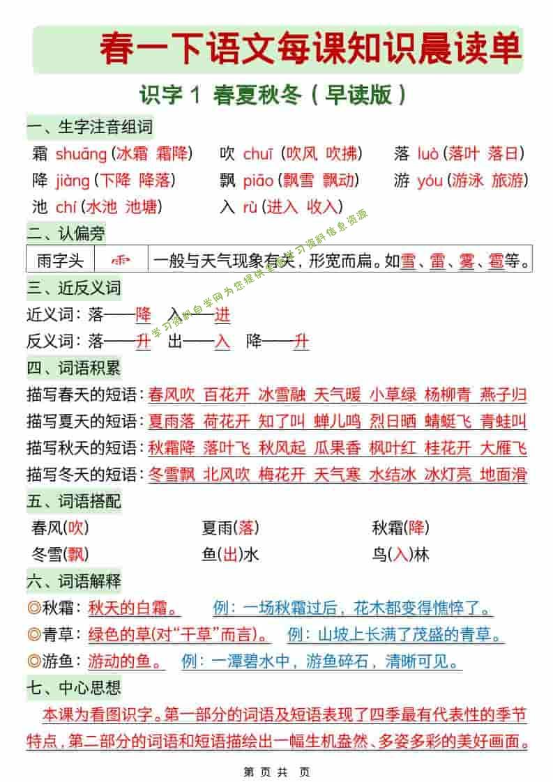 一年级下语文26春每课知识晨读单 - 