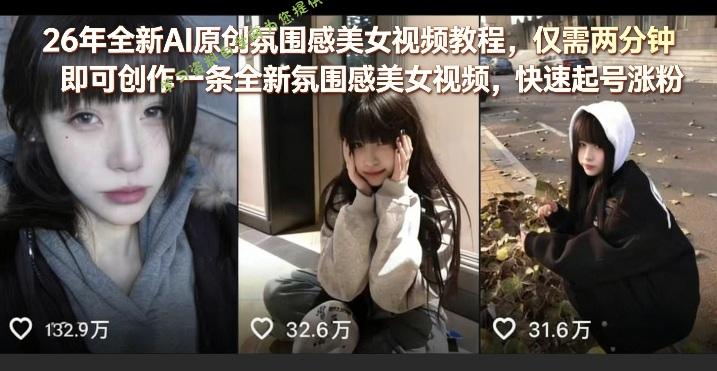 26年全新AI原创氛围感美女视频教程，仅需两分钟即可创作一条全新氛围感美女视频，快速起号涨粉 - - 