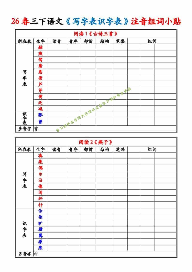 三年级下语文26春《写字表识字表》注音组词小贴 - - 