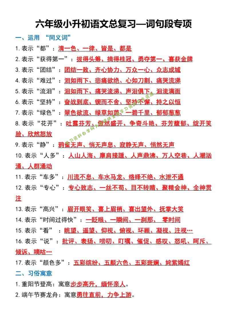 六年级下语文总复习—词句段专项 - 