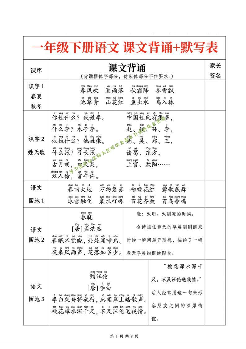 一下语文课文背诵+默写表 - - 