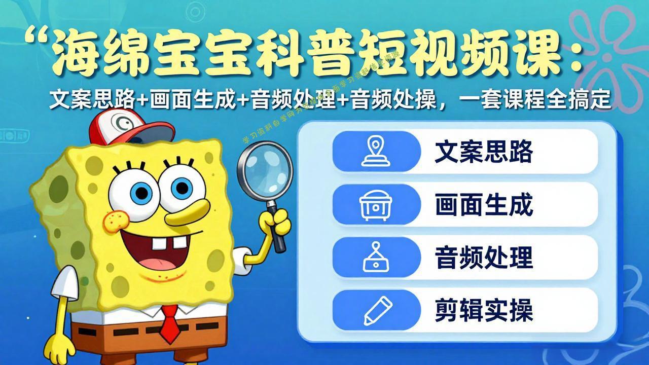 海绵宝宝科普短视频课：文案思路+画面生成+音频处理+剪辑实操，一套课程全搞定 - - 