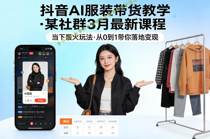 抖音AI服装带货教学,某社群3月最新课程,当下最火玩法,从0到1带你落地变现