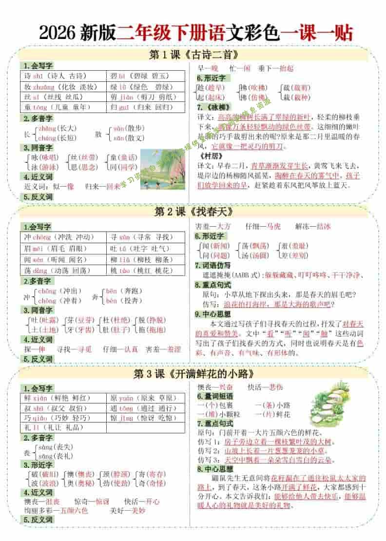 二年级下语文【彩色重点一课一贴】 - - 