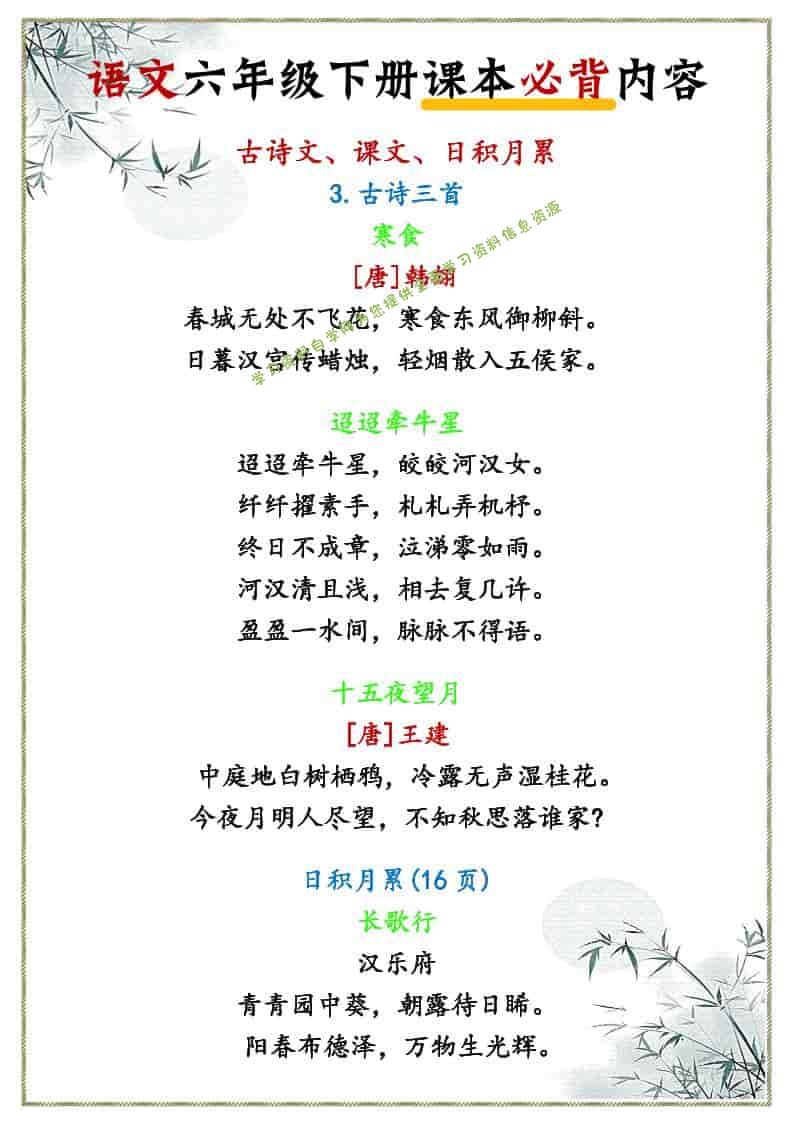 六年级下语文课本必背内容 - 