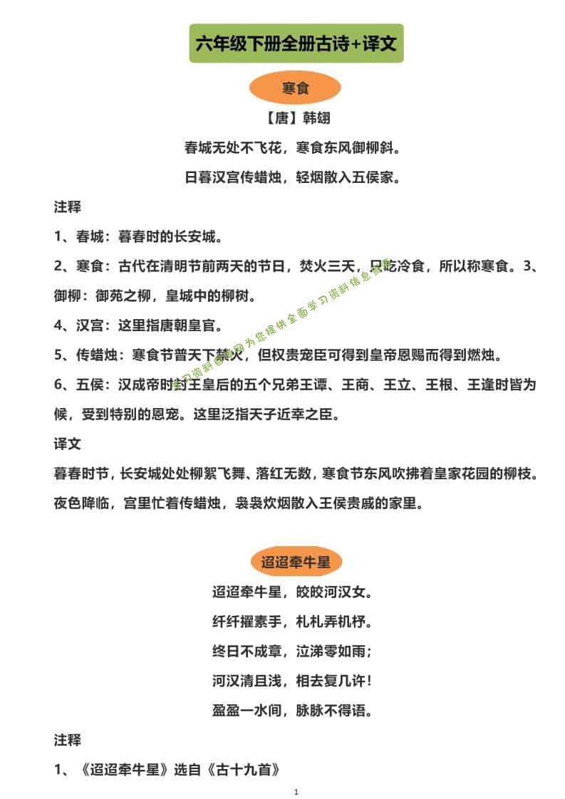 六年级下语文全册古诗+译文 - - 
