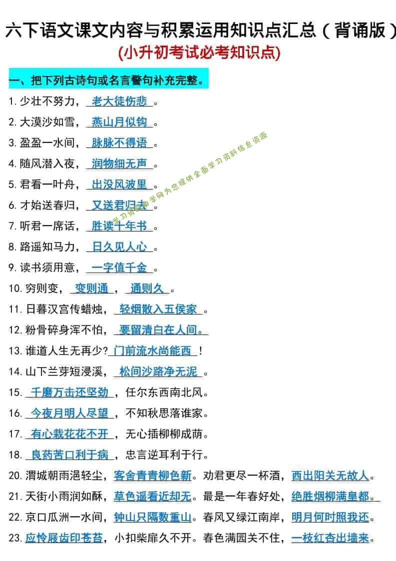 六年级下语文小升初期末必考知识点 - - 