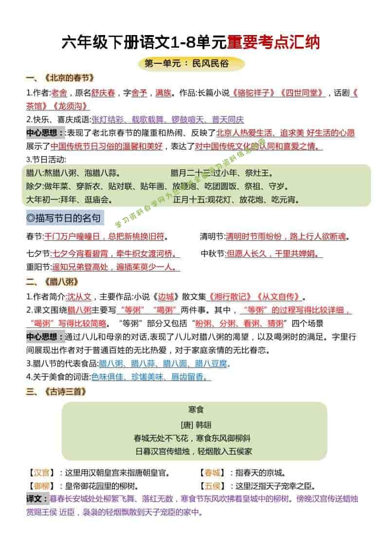 六年级下语文1-8单元重要考点汇总 - - 