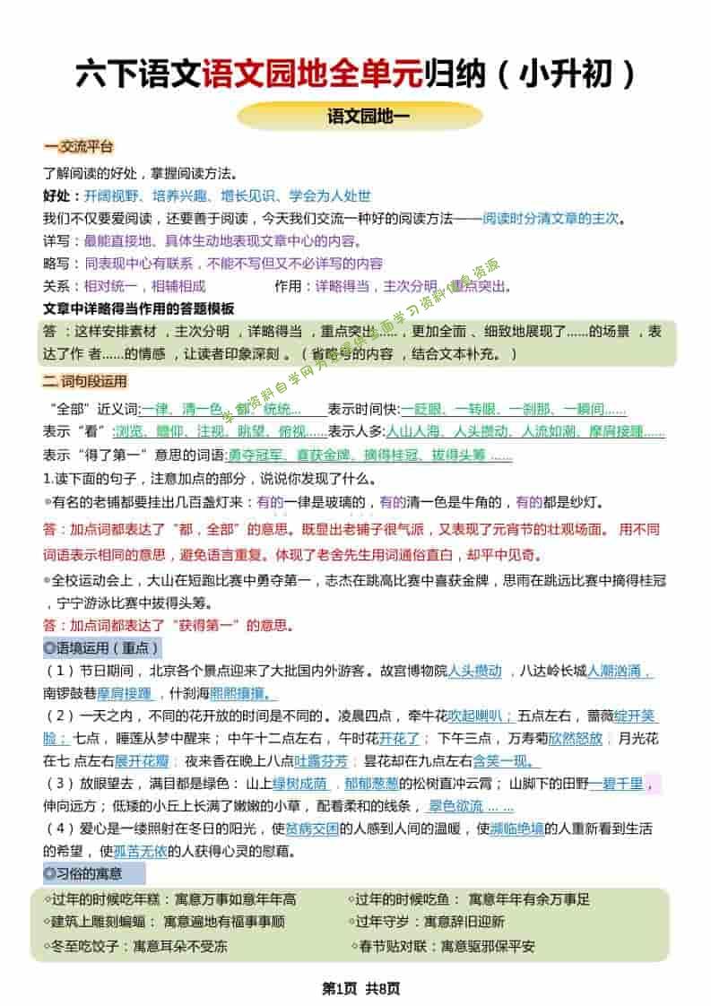 六年级下语文小升初园地全册重点归纳 - - 