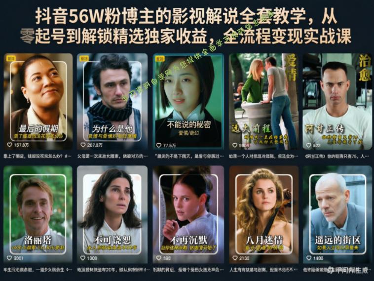 抖音56W粉博主的影视解说全套教学,从零起号到解锁精选独家收益,全流程变现实战课