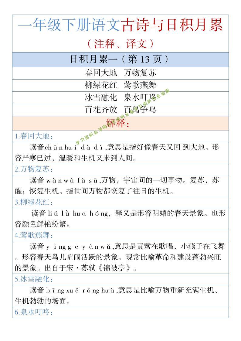 一年级下语文古诗与日积月累（注释、译文）1 - - 