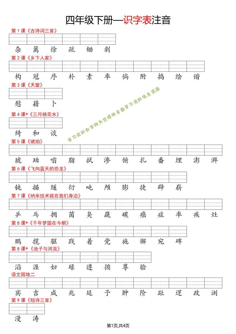 四年级下册语文看生字写拼音-识字表 - - 