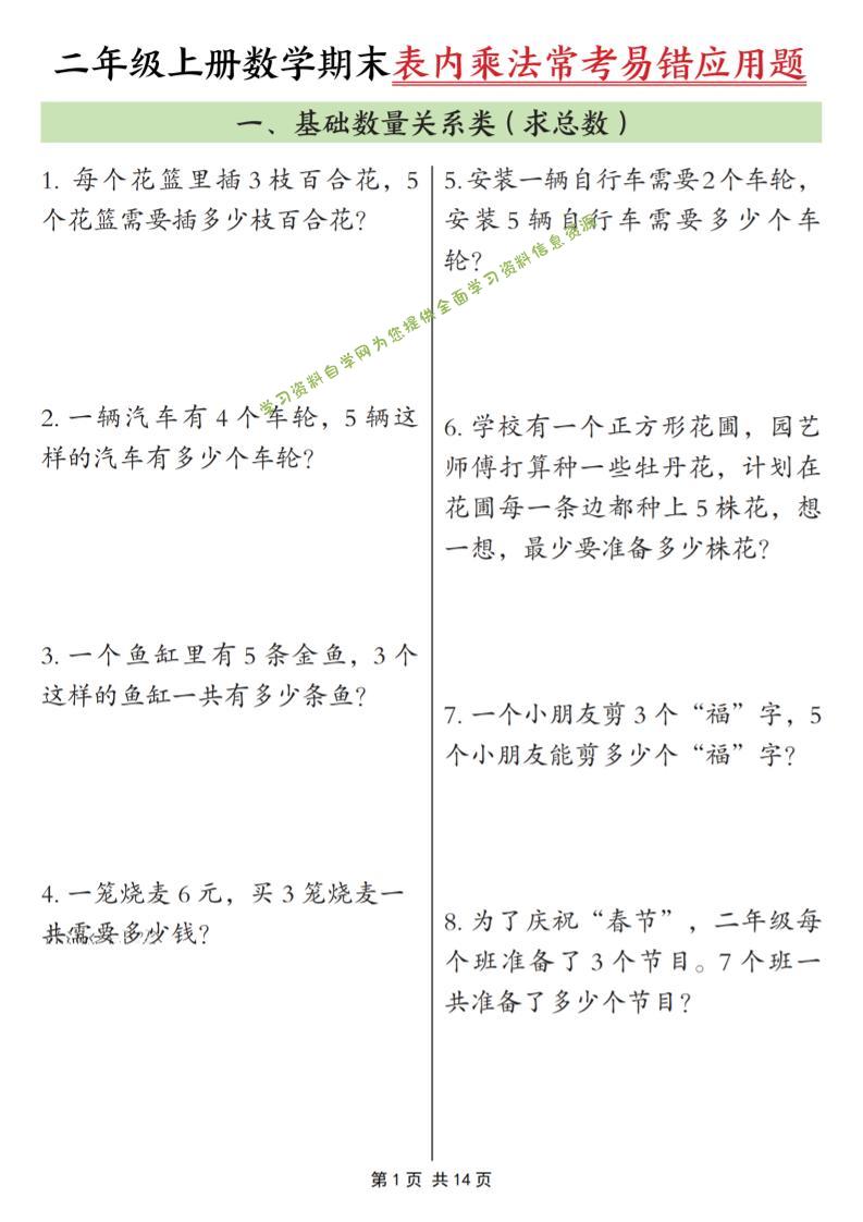 二年级上数学表内乘法常考易错题 - - 