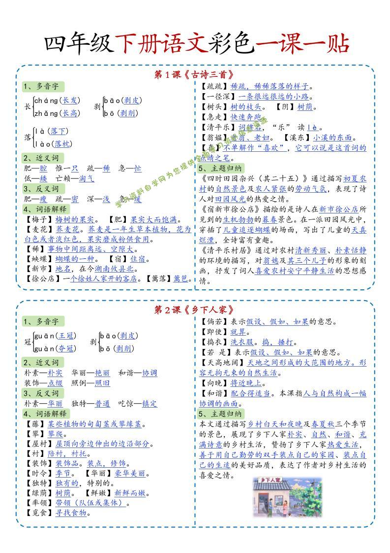 四年级下册语文彩色一课一贴（课课贴）14页 - - 