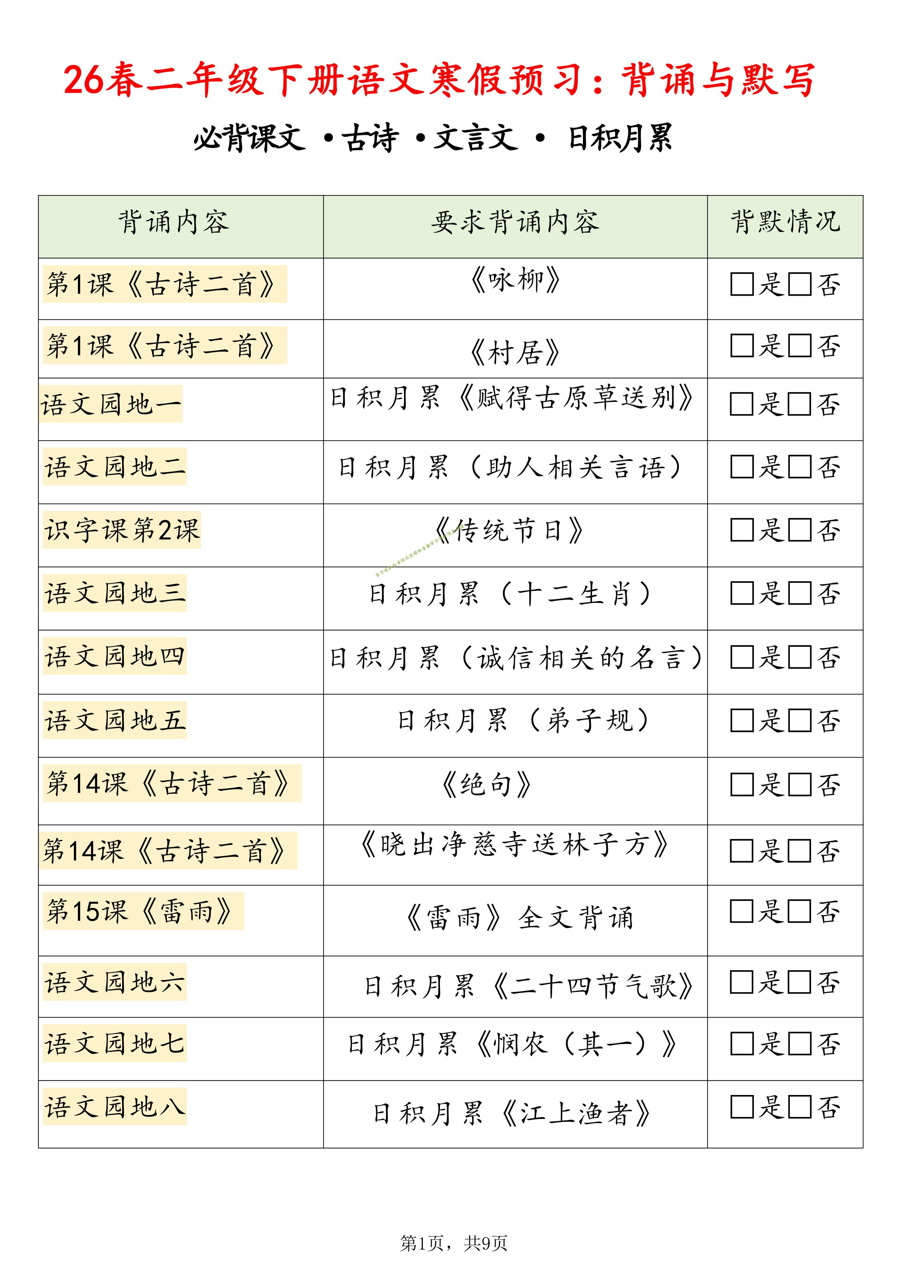 26春二下语文寒假预习背诵与默写（必背课文、古诗、文言文、日积月累）9页修订版 - - 