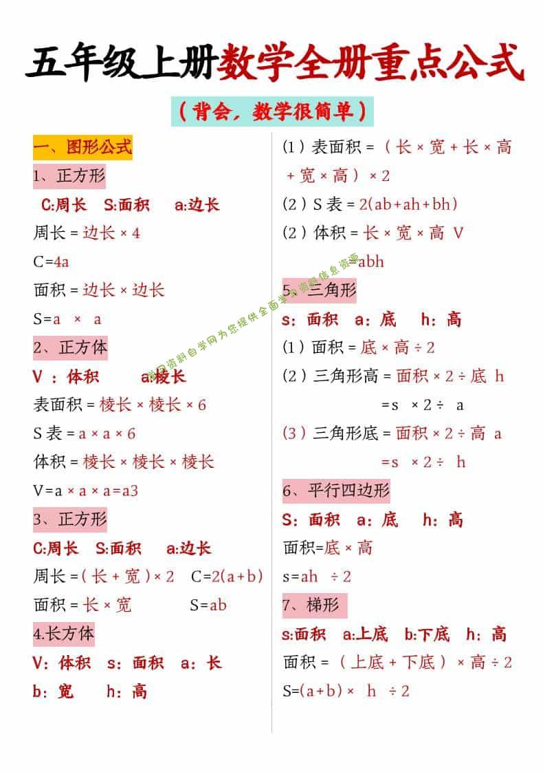 五年级上数学全册重点公式 - - 