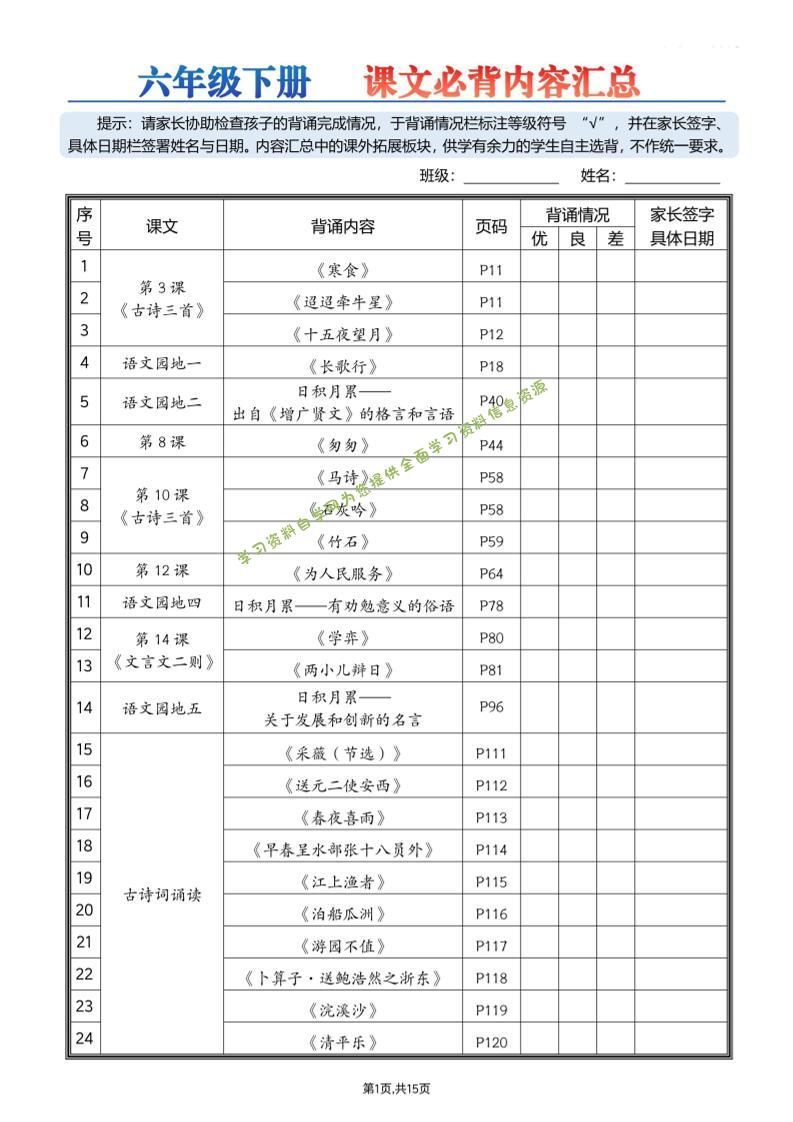26春六下语文课文必背内容汇总15页 - - 