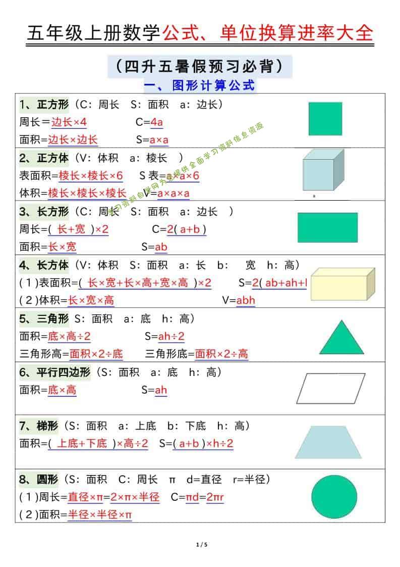 五年级上数学公式、单位换算进率大全 - - 