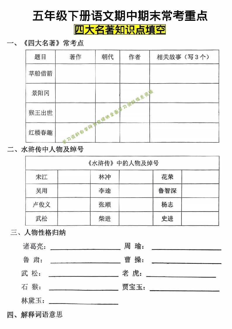五年级下语文四大名著知识点填空 - - 
