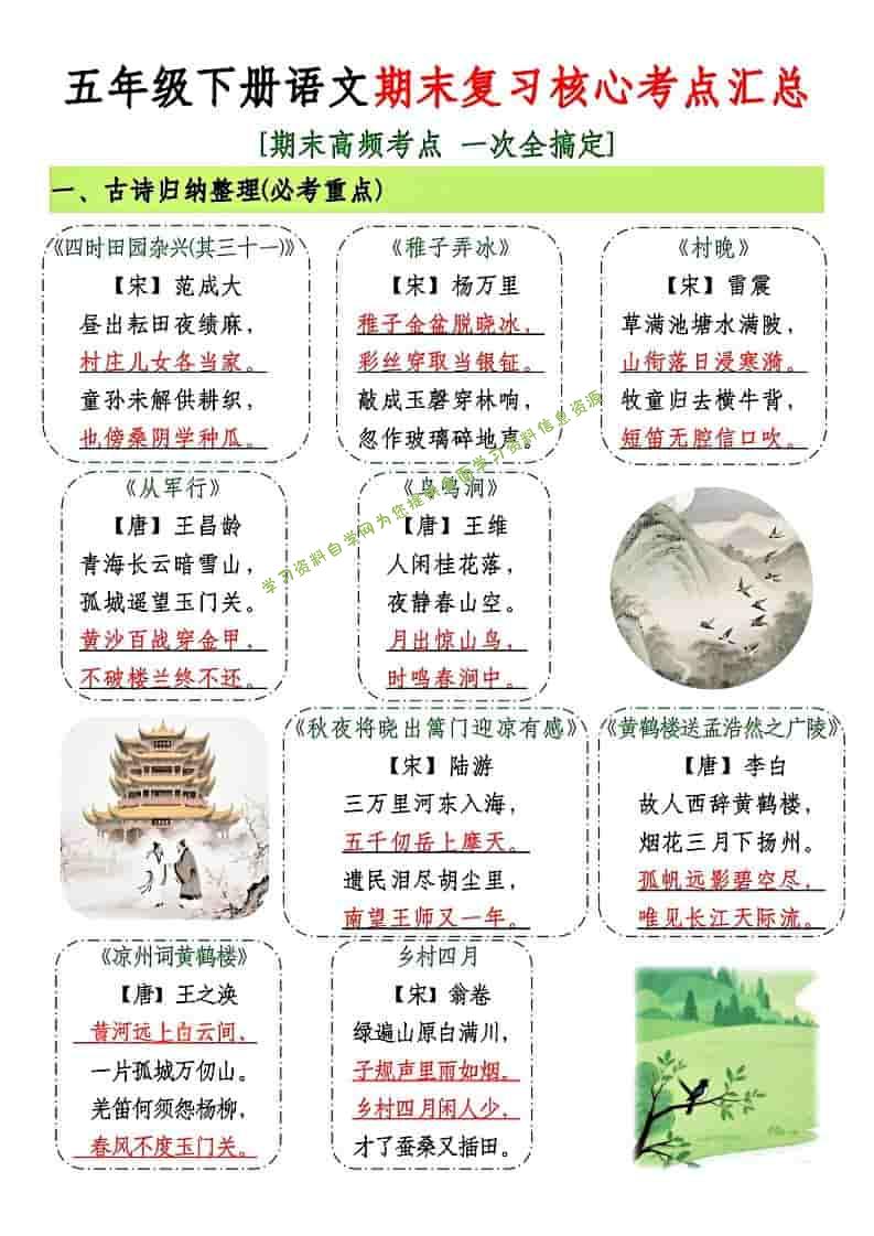 五年级下语文期末复习核心考点汇总 - - 