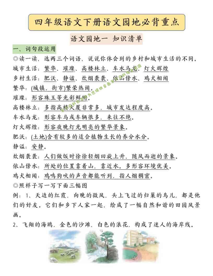 四年级下语文园地必背重点考点总结 - - 