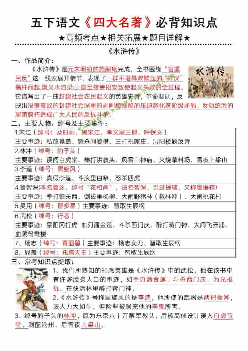 五年级下语文《四大名著》必背知识点 - - 
