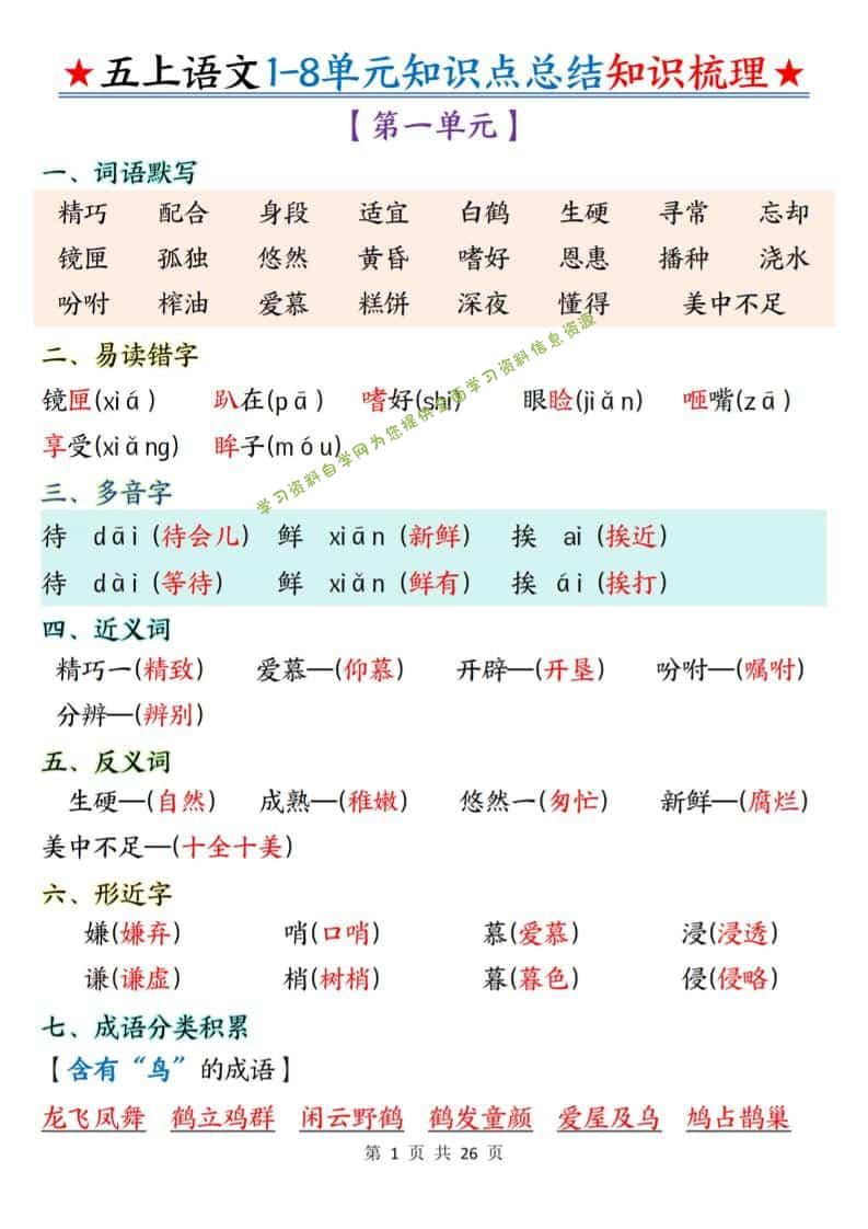 五年级上语文1-8单元知识点总结知识梳理 - - 