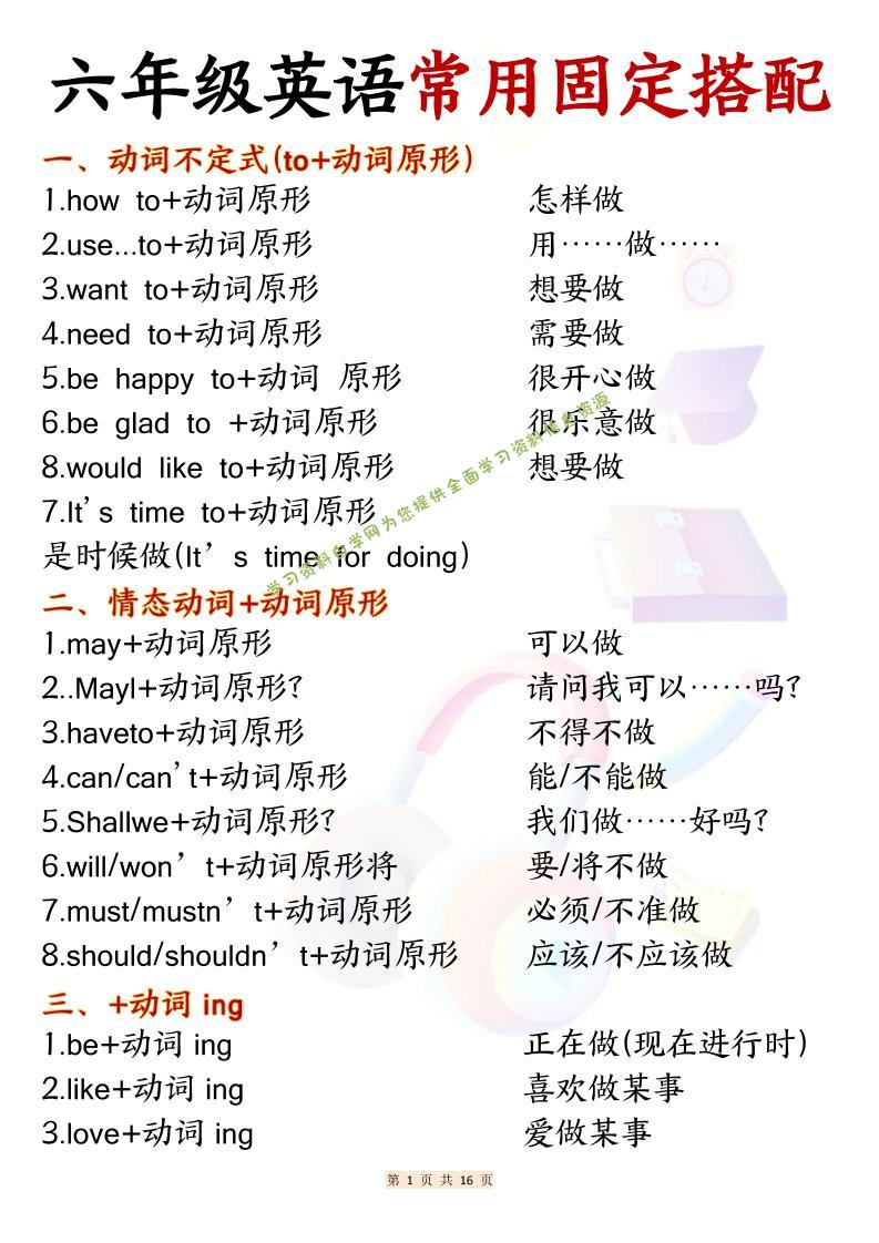 六年级上英语常用固定搭配 - - 