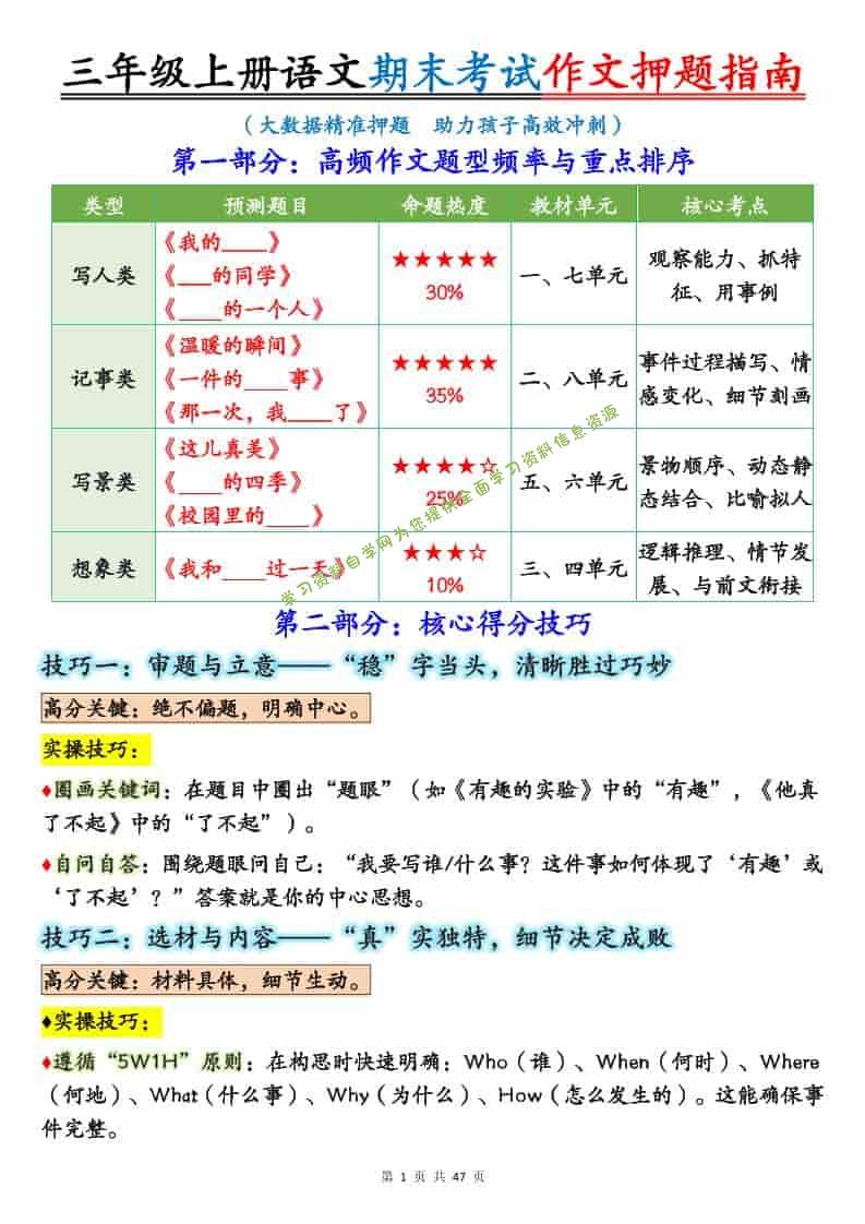 25秋三上语文期末考试作文押题写作指南+范文47页 - - 
