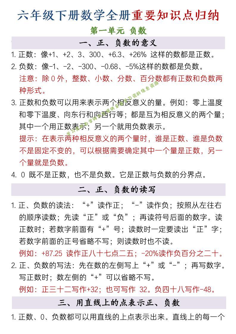 六年级下数学全册重要知识点归纳 - - 