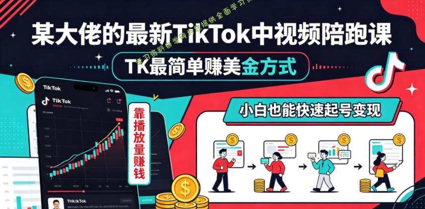 某大佬的最新TikTok中视频陪跑课，TK最简单賺美金方式，靠播放量賺钱，小白也能快速起号变现 - 