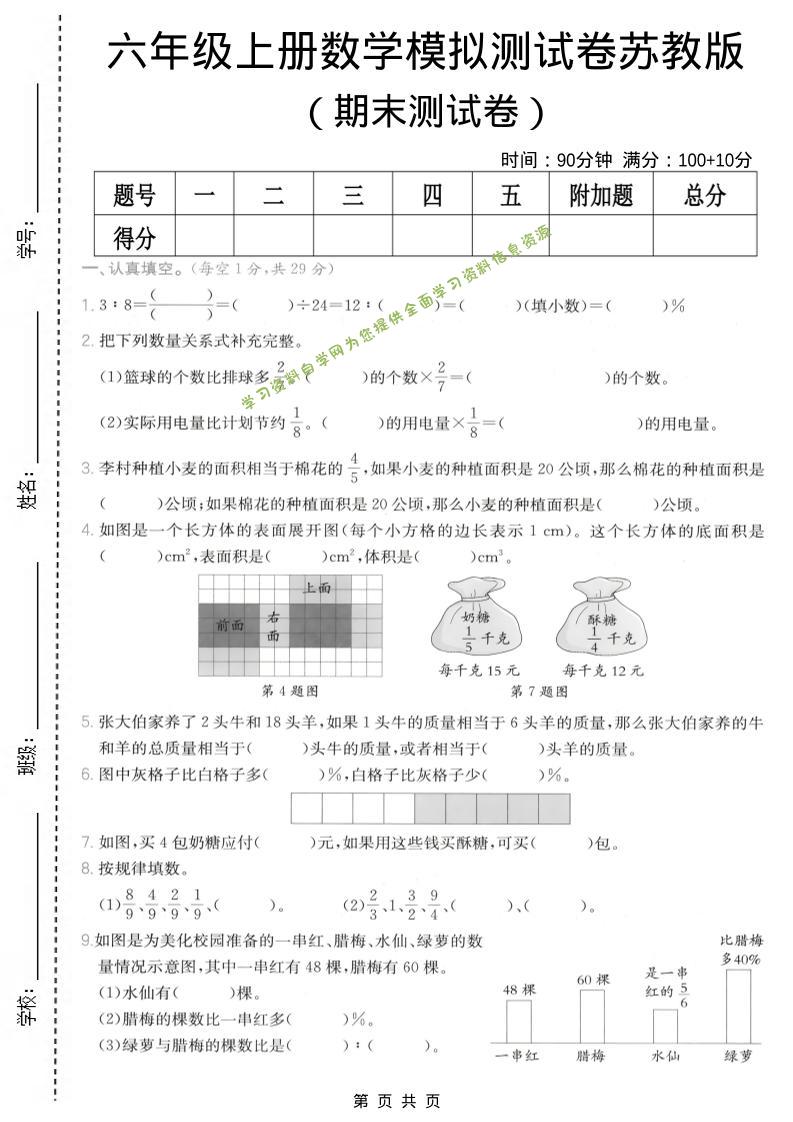 六年级上数学期末模拟测试卷8《苏教版》 - 