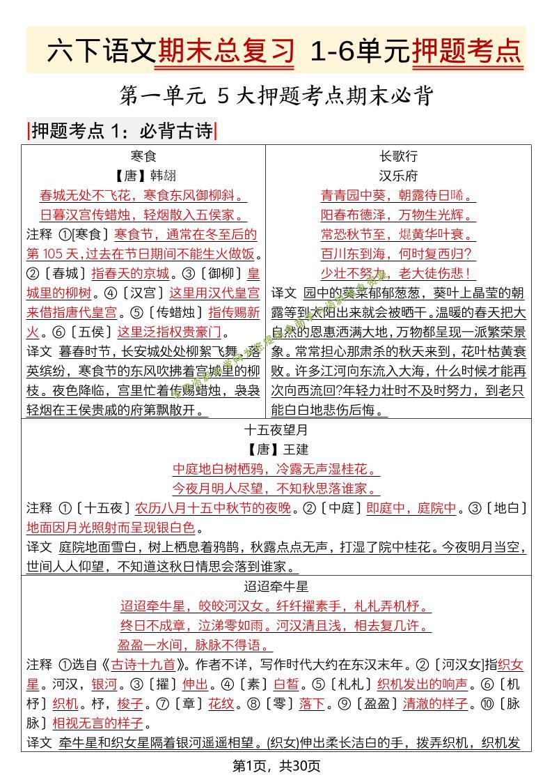 六年级下语文期末总复习1-6单元押题考点 - - 
