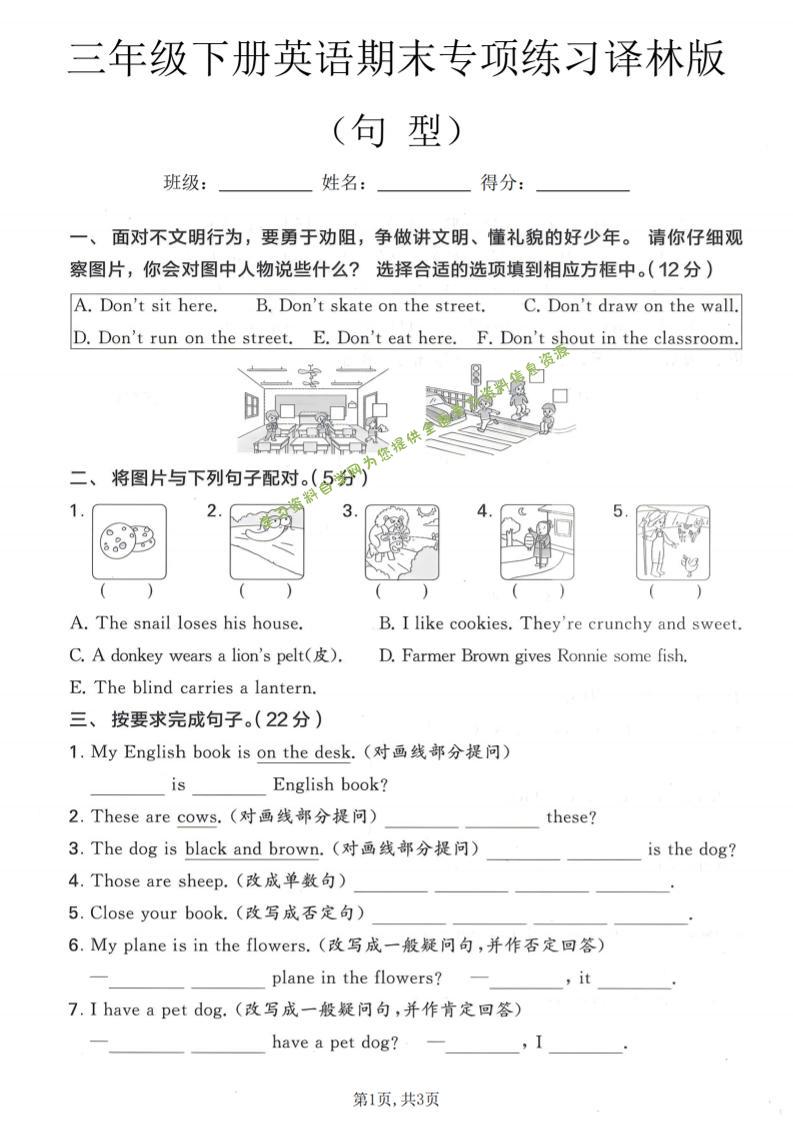 三年级下英语期末句型专项练习《译林版》 - - 