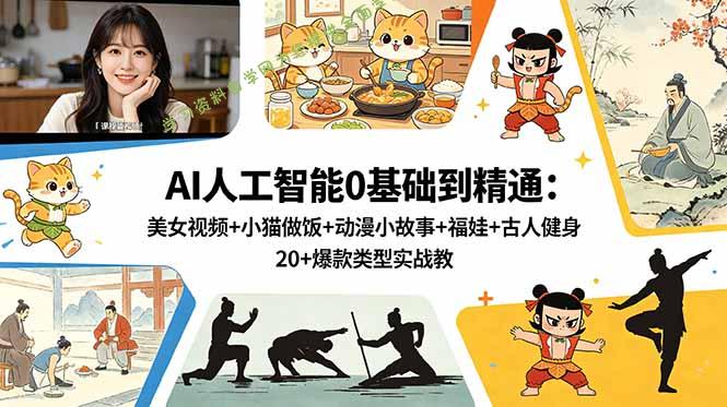 AI人工智能0基础到精通：美女视频+小猫做饭+动漫小故事+福娃+古人健身，20+爆款类型实战教学 - - 