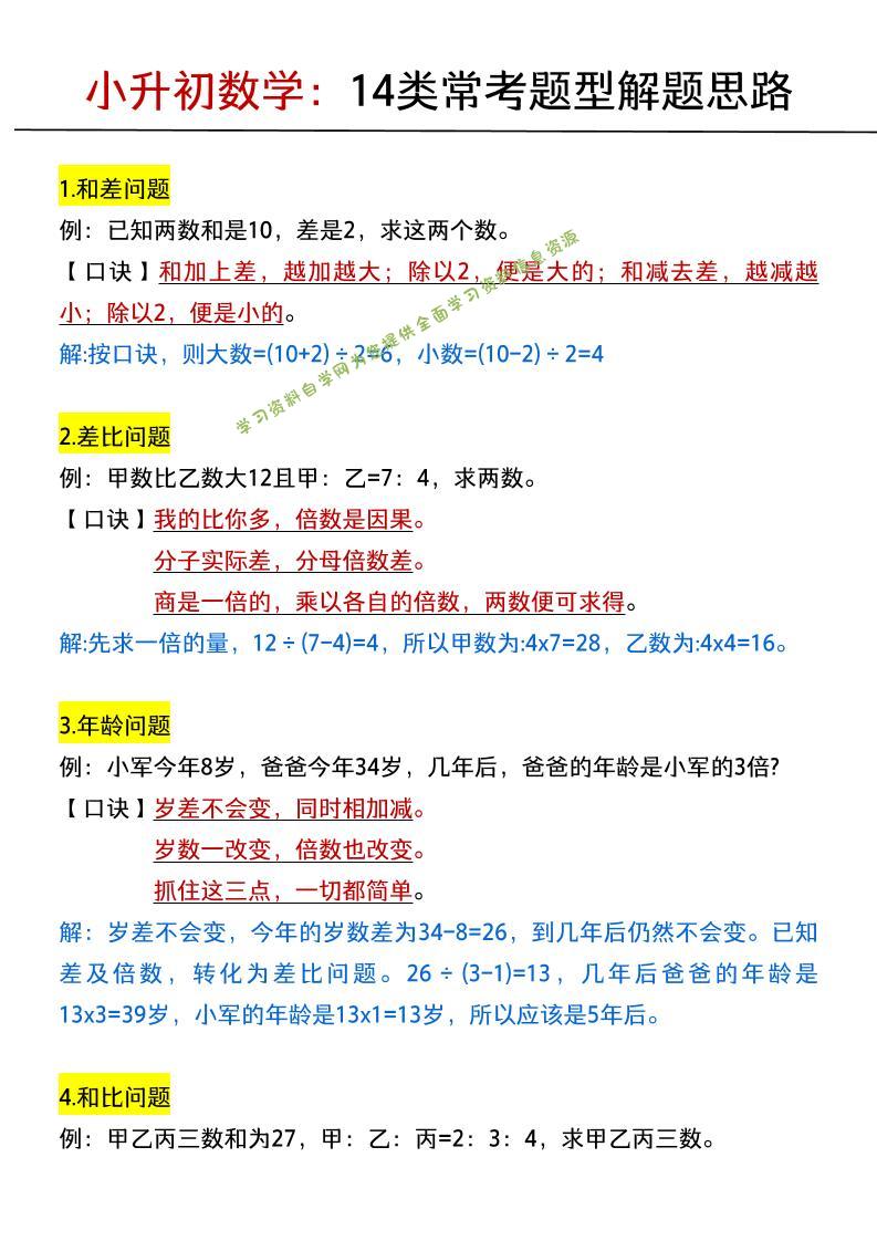六年级下数学小升初：14类常考题型解题思路 - - 