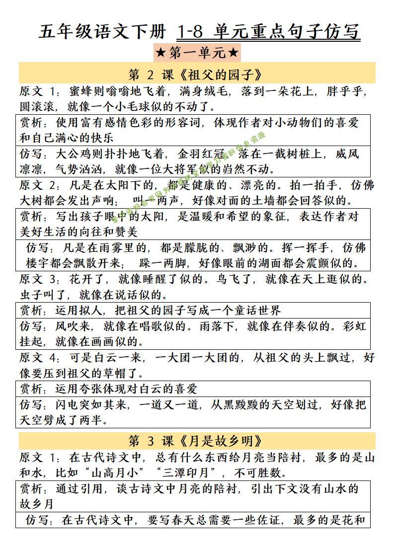五年级下语文1-8单元重点句子仿写 - - 