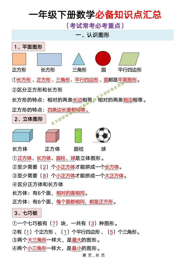 一年级下册数学重点知识必背汇总 - 